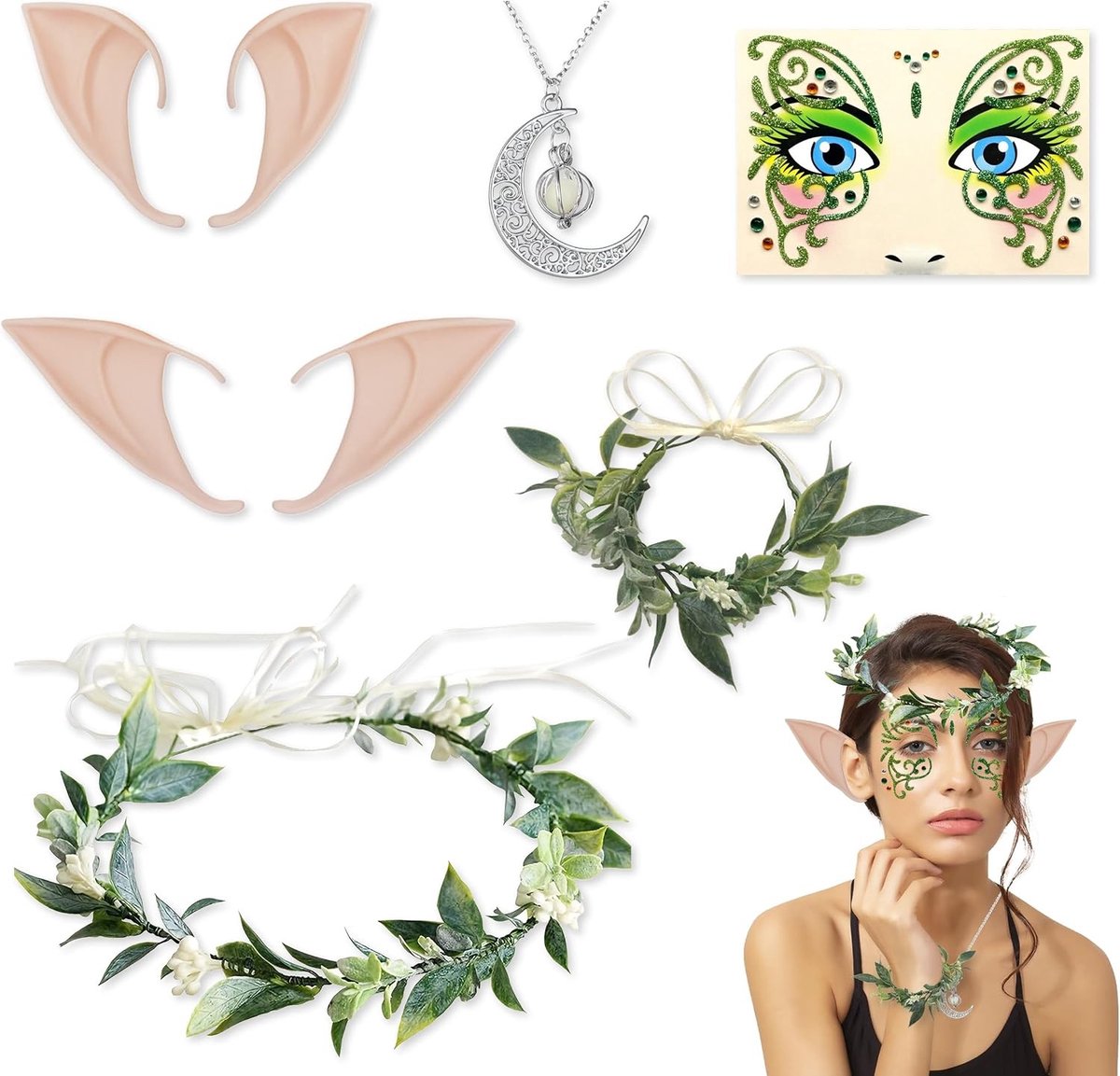 Elfen Hoofdband met Oren, Kostuum Accessoire Set met Groene Bloemenkroon, Armband en Maan Ketting voor Halloween en Carnaval Cosplay