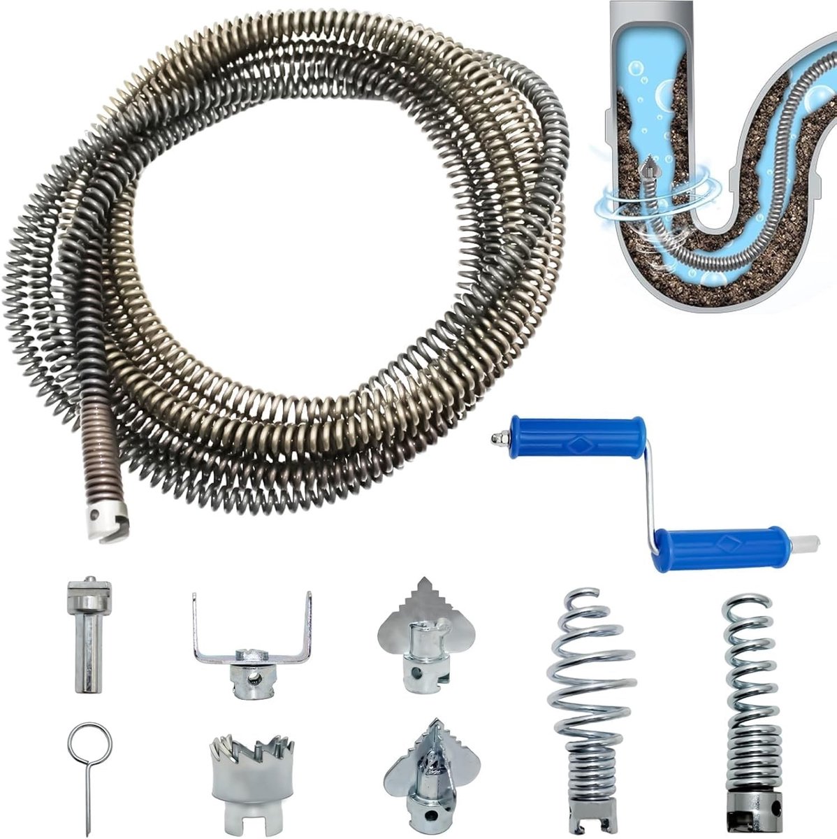 Buisreinigingsspiraal - 12 mm - 5 m - Multifunctionele Reinigingsas met Handmatige en Elektrische Adapters - Voor Huishoudelijk Gebruik