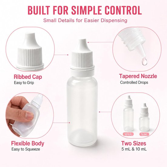 Pack of 10 Dropper Bottles, Small Plastic Dropper Bottles with 2 Funnels and 1 Sticker, 10ml/5ml Squeeze Bottles for - ShopVlot — afbeelding 3