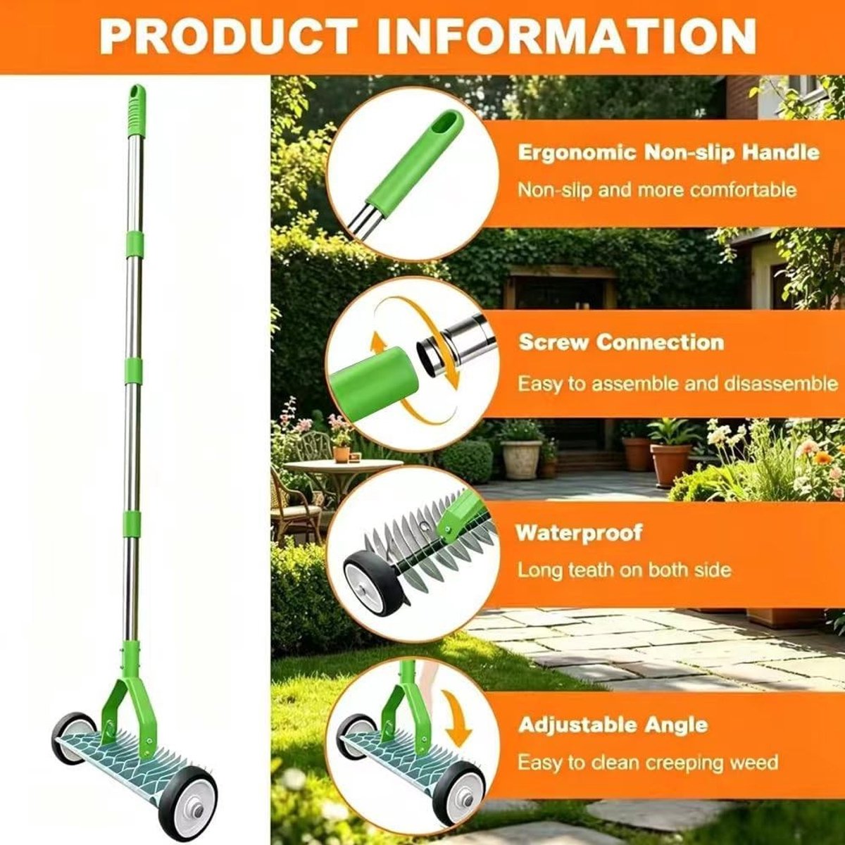 Handverticuteermachine - Donkergroen - 165 cm - Metalen Verticuteerder met Wielen - Voor Tuinonderhoud thumbnail 4