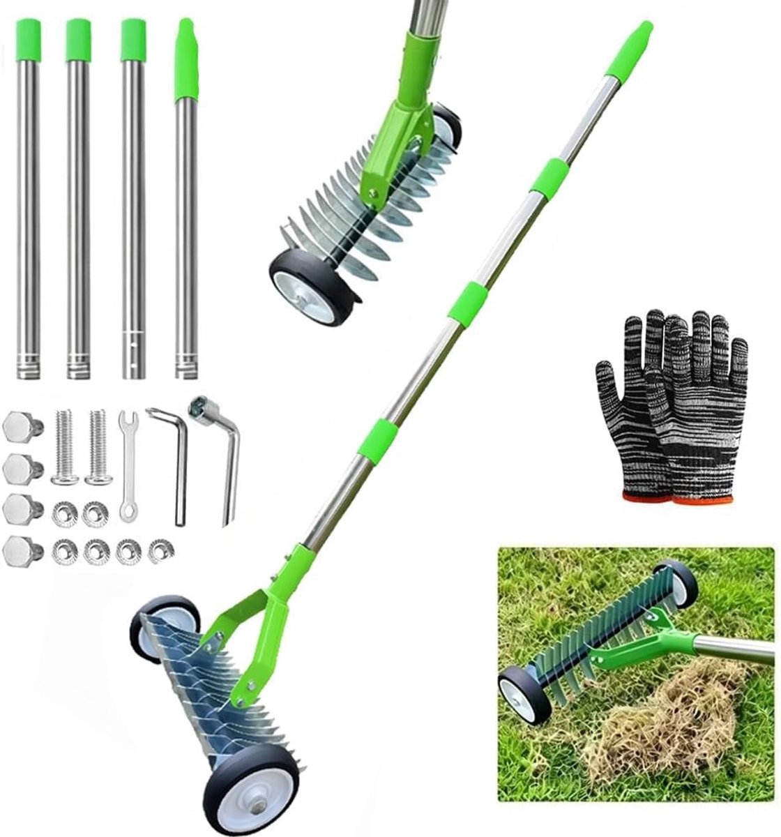 Handverticuteermachine - Donkergroen - 165 cm - Metalen Verticuteerder met Wielen - Voor Tuinonderhoud