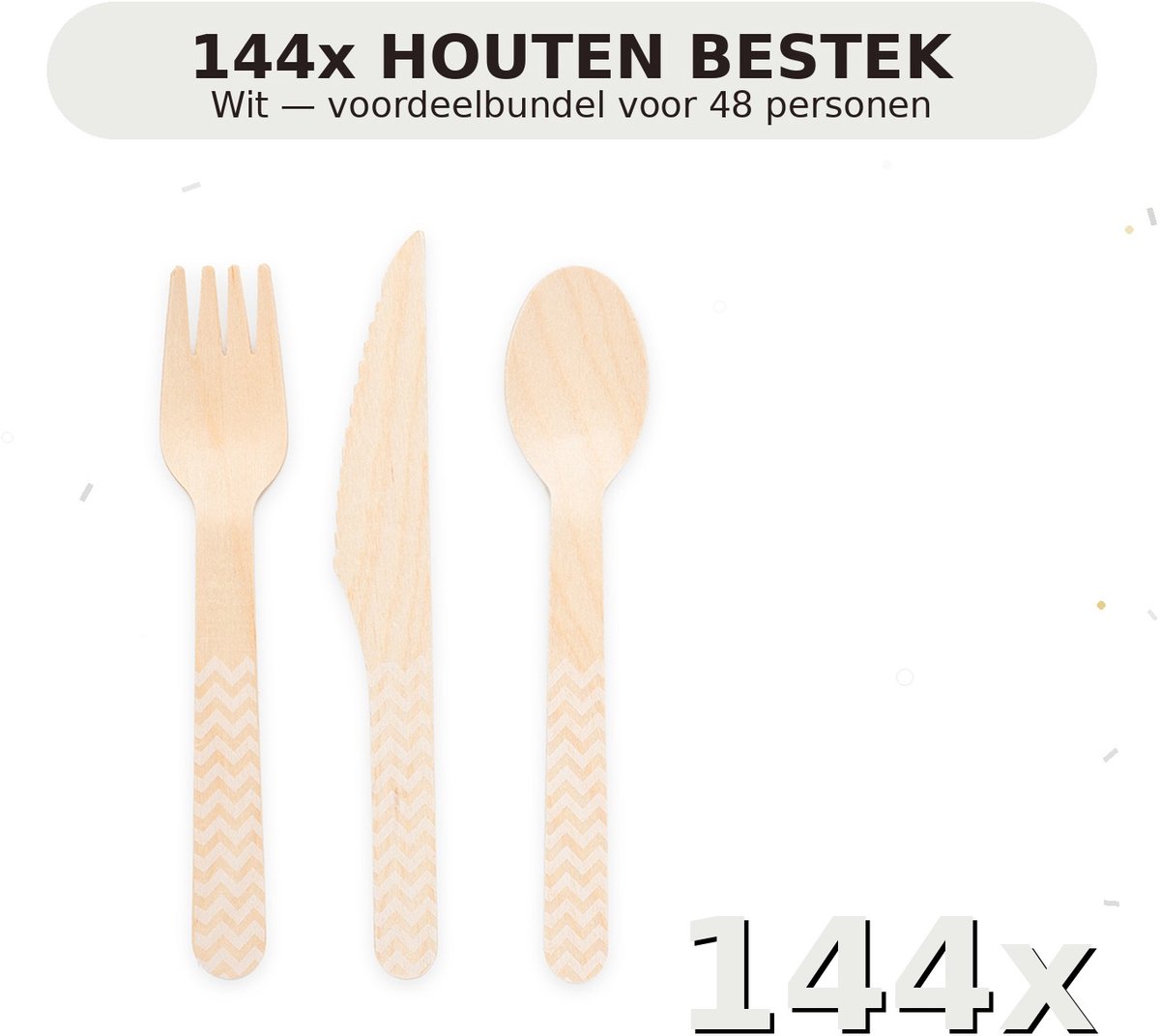 Houten bestek FSC Wit - Voordeelverpakking 144 Stuks voor tot 48 Personen - Feestartikelen
