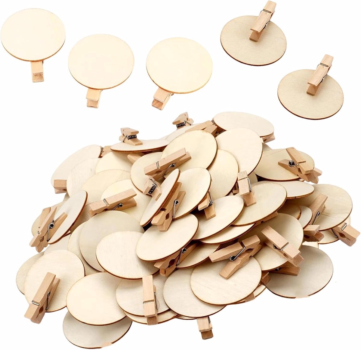 50 stuks decoratieve wasknijpers van hout met 4,8 cm ronde schijf - ShopVlot