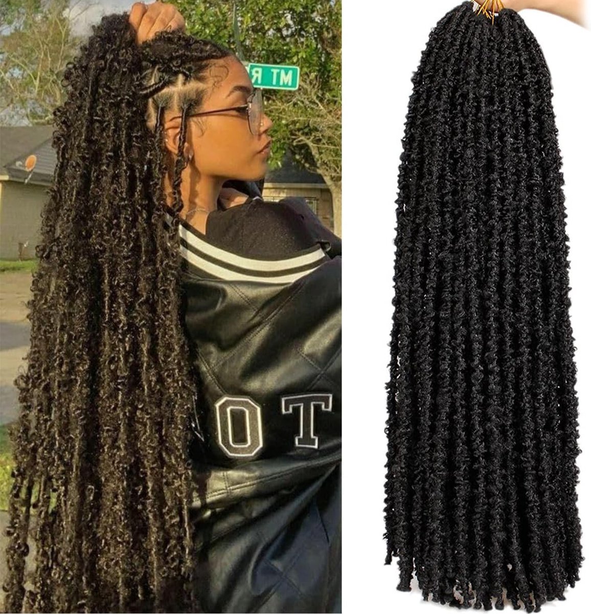 6 Packs Butterfly Locs 30 Inch Zwart Pre-Looped Distressed Zacht Messy Haak Haar Faux Locs Extensions voor Natuurlijk Uiterlijk en Volumineuze Styling