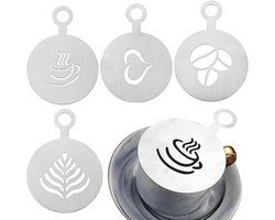 Set van 4 RVS Koffiestencils voor Cake Decoratie en Gepersonaliseerde Latte Art met Professionele Cappuccino Sjablonen