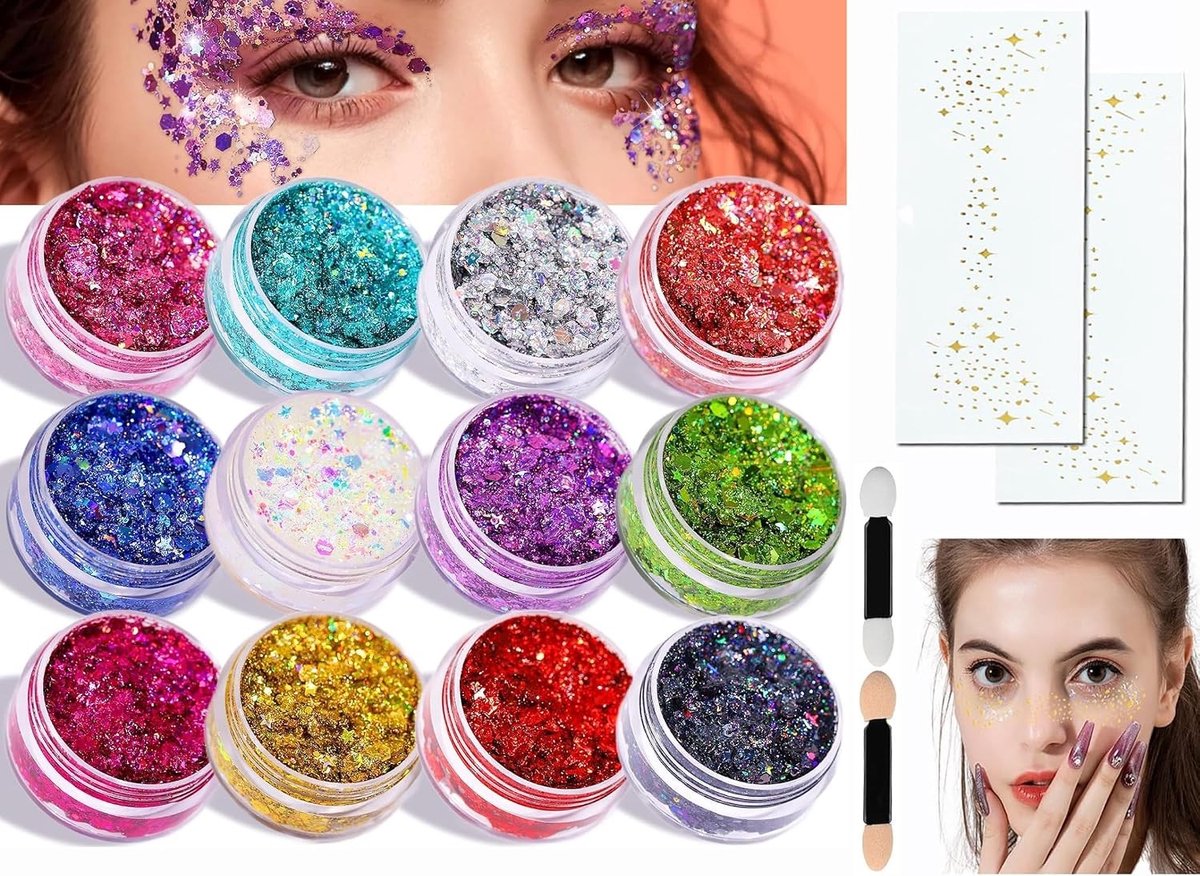 Glitter voor het Gezicht en Lichaam - 12 Kleuren Glitter met 2 Patches voor Make-up, Haar en Festivals