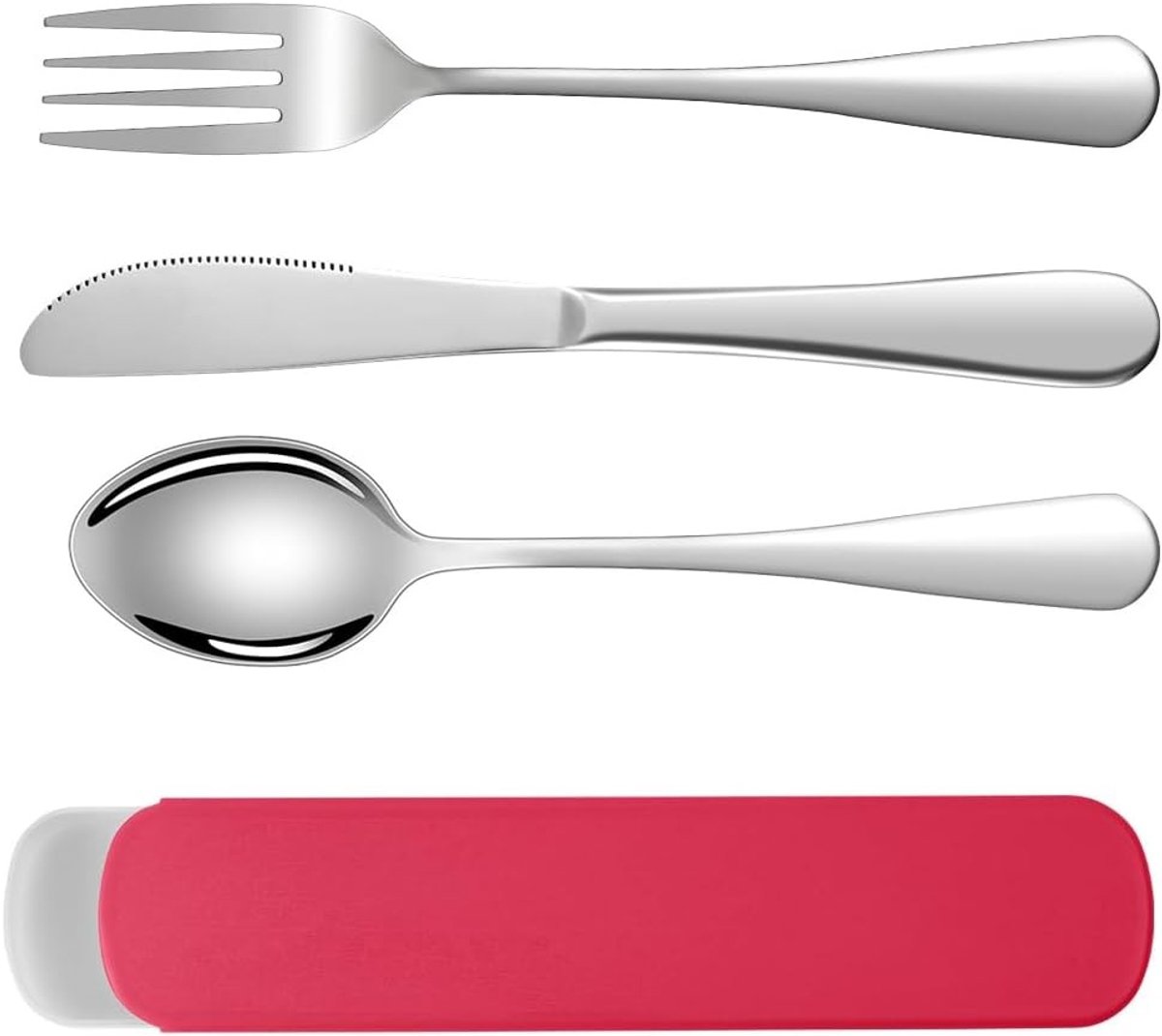 Duurzame Camping Bestekset, 3-delige Herbruikbare Bestekset van RVS, Inclusief Plastic Opbergdoos voor Outdoor, Picknick en Reisgebruik - Rood