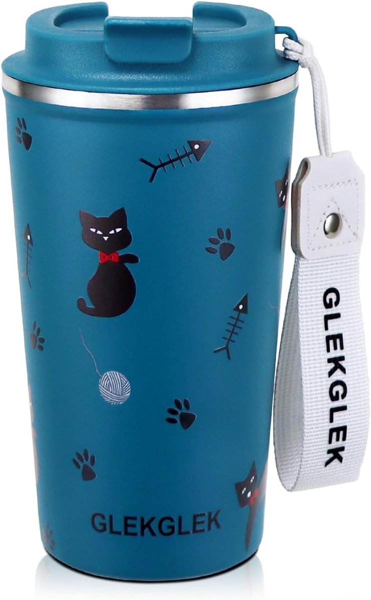 Isolerende Koffiemok 510ml met Blauwe Kat, Perfect voor Thuis en Op Reis, Duurzaam en Handig