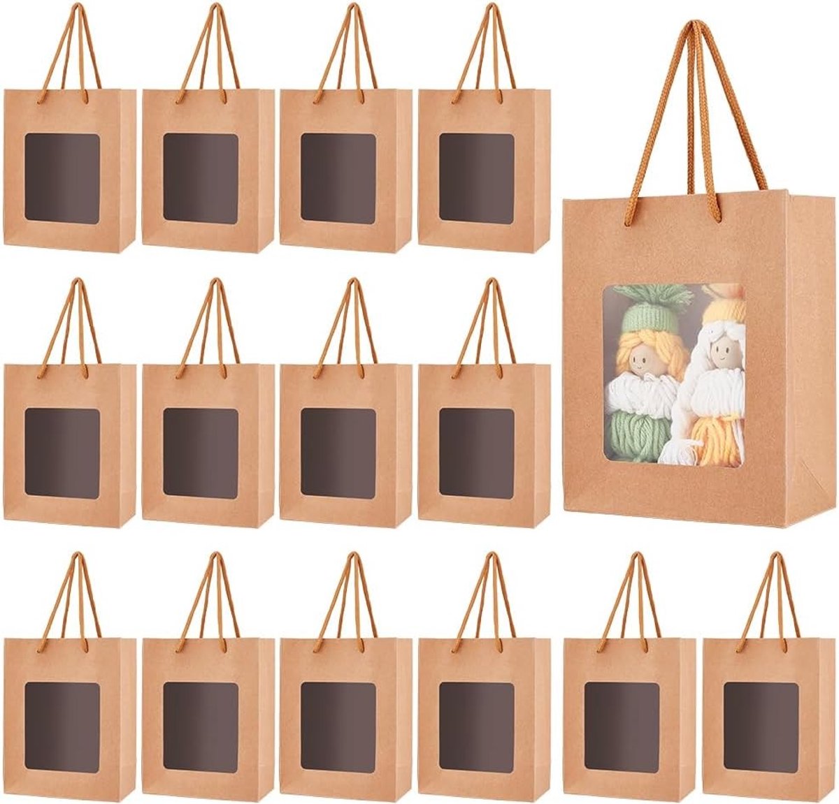 Set van 36 Papieren Cadeautassen met Transparant Venster, 14 x 18 x 7 cm, Handige Verpakkingen voor Kerst, Bruiloft en Cadeauverpakking
