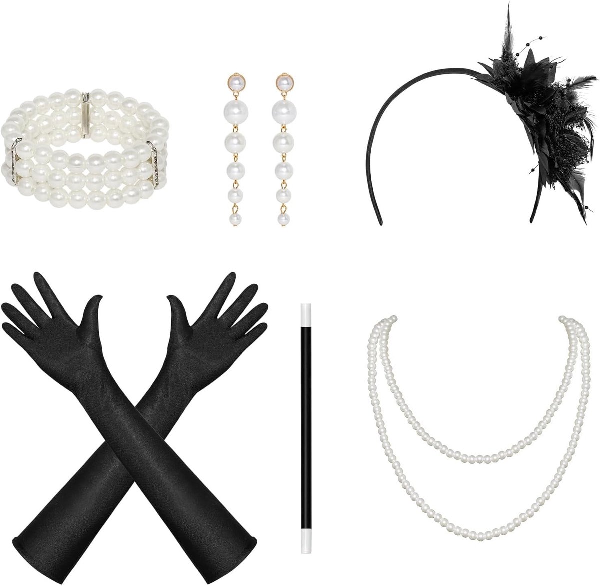 Stijlvolle 1920s Gatsby Set - 6 Stukken, Vintage Kostuum voor Feestjes, Tijdreis Outfit, Kerstaccessoires en Modeaccessoires voor Dames