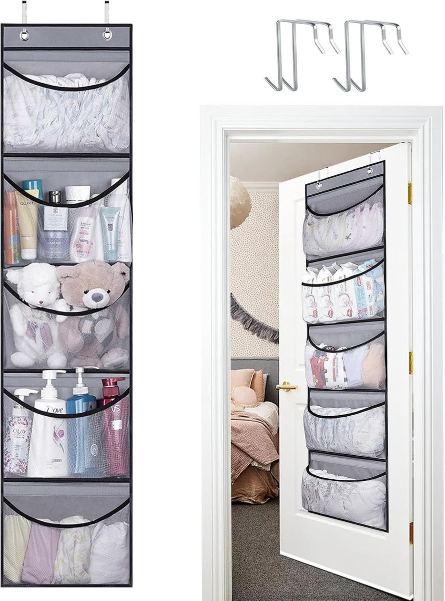 Hanging Organiser met 5 Mesh Compartimenten voor Badkamer en Kinderkamer, 2 Stuks, Ideaal voor Ruimtebesparing en Opberging