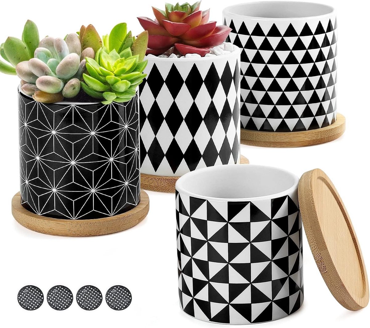 Set van 4 Succulente Potten met Geometrisch Patroon en Bamboe Onderzetter - Ideaal voor Cactussen en Kleine Planten, Perfecte Cadeau Ideeën