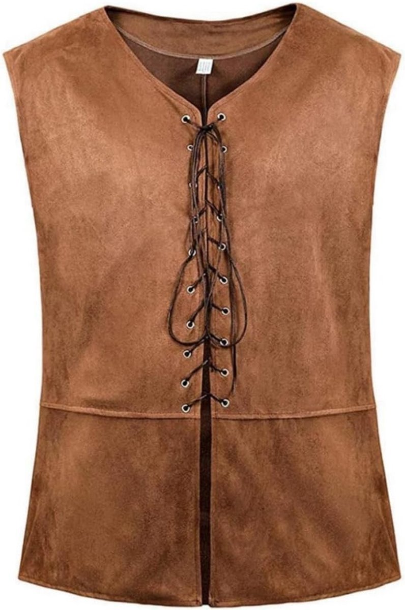 Vintage Renaissance Vest met Laces en V-Hals voor Piratenkostuum - Retro Steampunk Viking Suede Leren Tanktop voor Halloween Cosplay en Feestjes