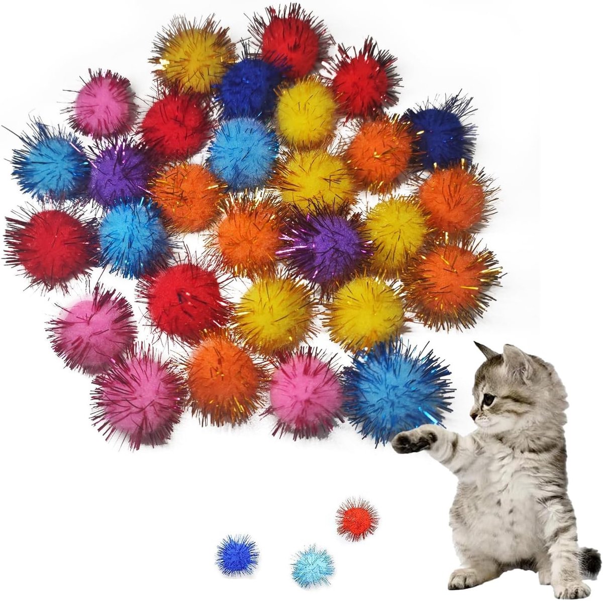 30 Stuks Interactieve Kattenballen van 3 cm - Zachte Speeltjes in Verschillende Kleuren voor Binnenkatten om Angst te Verminderen en Plezier te Hebben