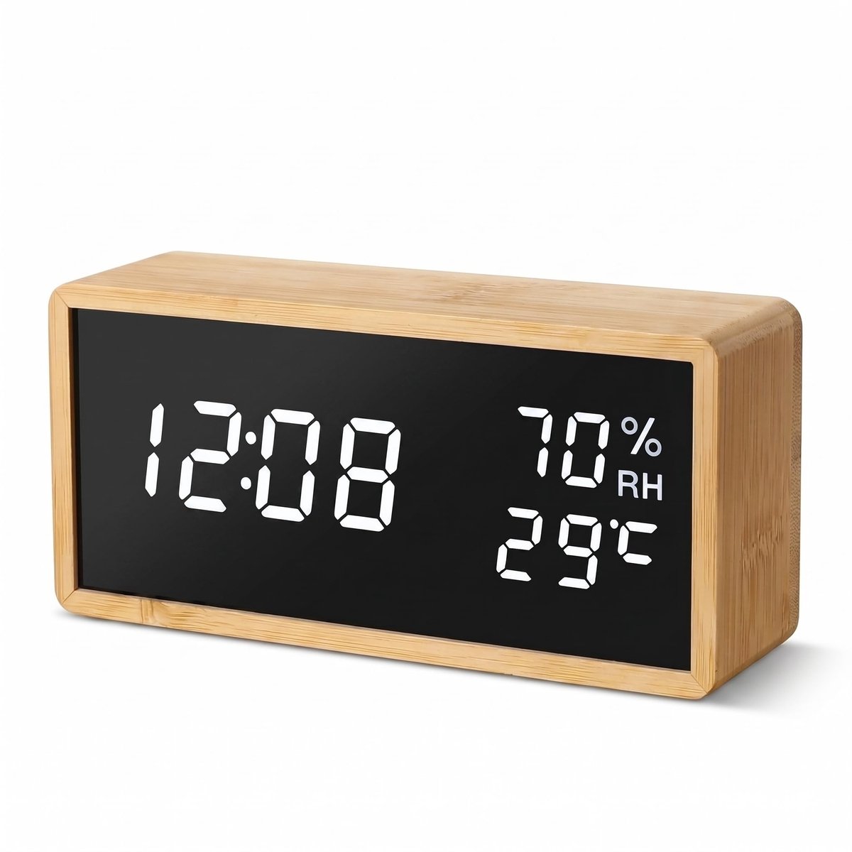 Digitale wekker groot LED-display - echt bamboe - temperatuur en vochtigheid - spraakgestuurd voor slaapkamer - ShopVlot