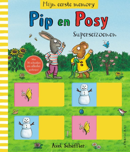 Pip en Posy, met een konijn en een muis in de tuin, omringd door bloemen, vlinders en insecten. De kaarten laten sneeuwpoppen en vlinders zien.