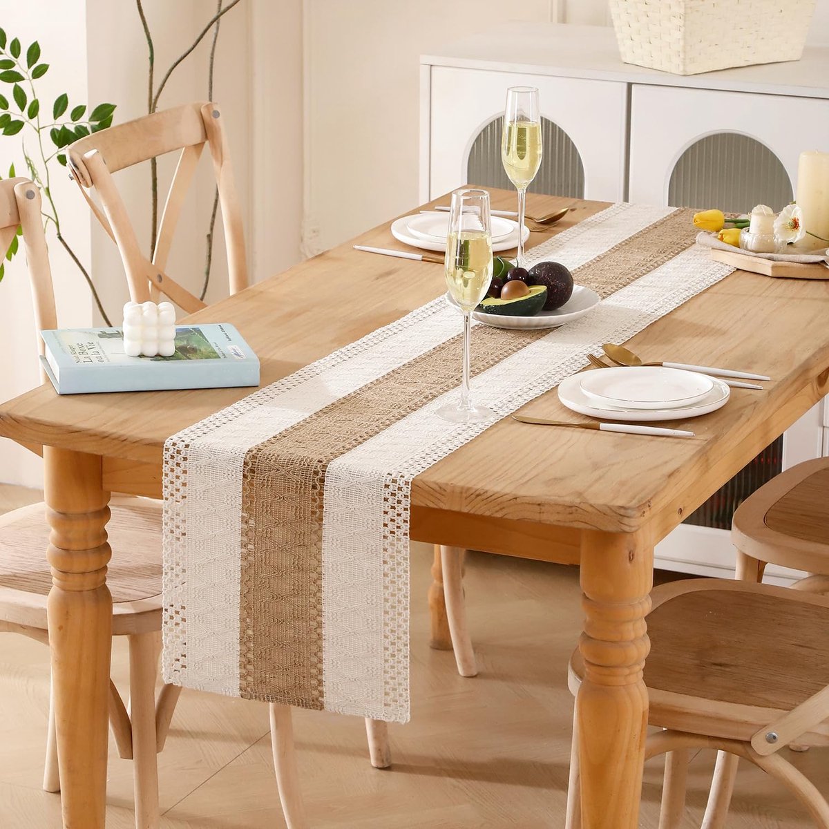 Jute tafelloper 30 x 100 cm - natuurlijk wit - macramé - decoratief voor bruiloften - ShopVlot
