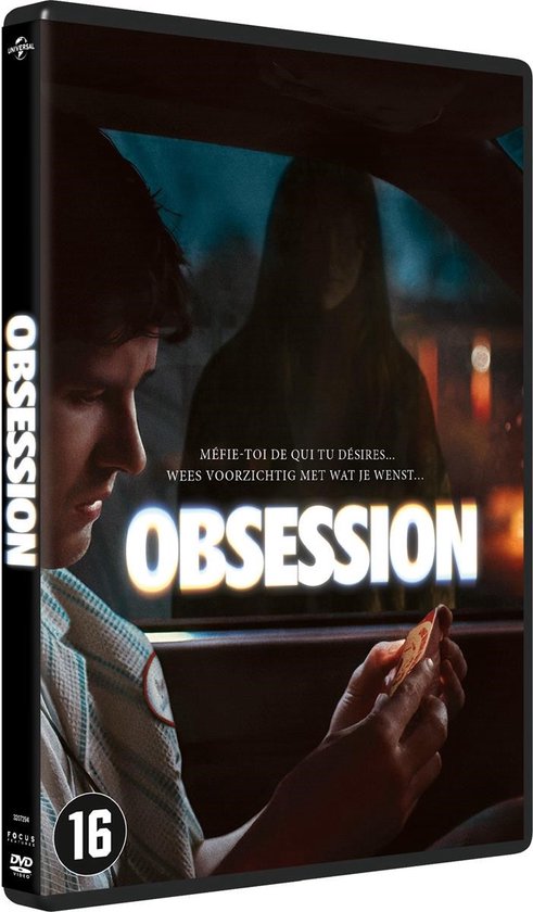 DVD hoes van Obsession met een man in profiel en een vrouw vaag op de achtergrond. Tekst: "MÉFIE-TOI DE QUI TU DÉSIRES... WEES VOORZICHTIG MET WAT JE WENST... OBSESSION"