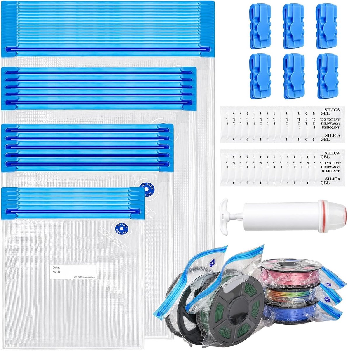 30 Stuks Herbruikbare Vacuumzakken voor 3D Printer Filament - Inclusief 30 Silicagel Pouches, Handpomp en 6 Verzegelingsclips voor PLA, ABS, PETG en TPU Opslag