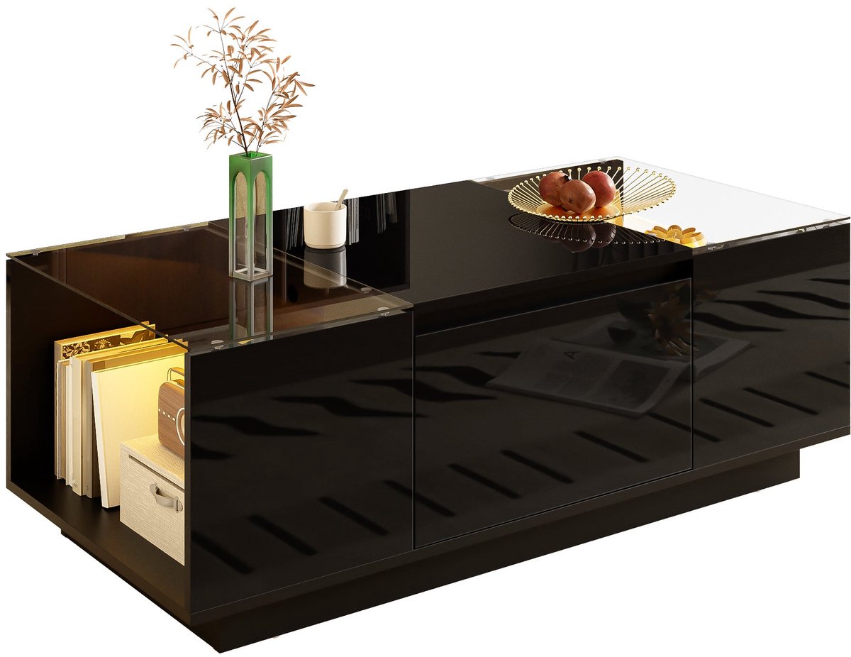 Merax Moderne Salontafel met Ledverlichting en Opbergruimte – 2 Laden, Glasplaten, Hoogglans Zwart – 105 x 50 x 35 cm