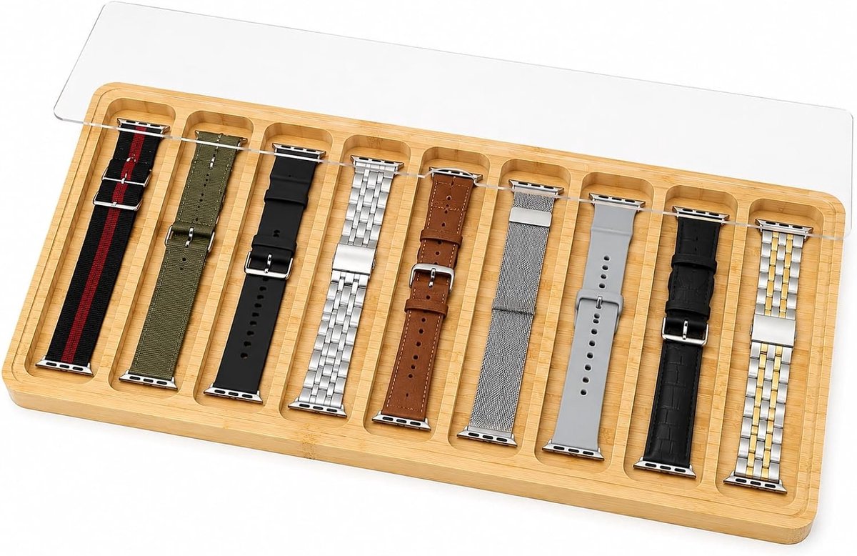 Houten Horlogeband Organizer met 9 Compartimenten, Opbergdoos met Transparante Deksel, Horlogeband Houder voor Mannen en Vrouwen, Sieraden Display en Bewaring, 42 x 19 x 1.8 cm