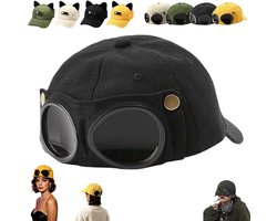 Pet - Baseballpet - Geïntegreerde bril - Retro pilotenpet, geschikt voor dagelijks gebruik of op reis, zwart