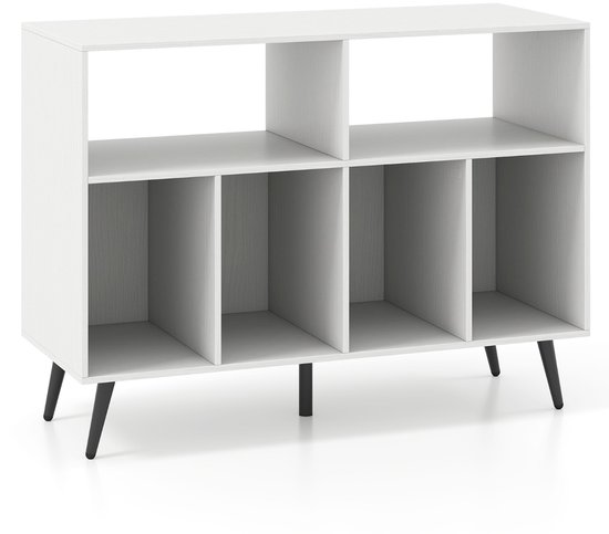 Een leeg wit dressoir met 6 open vakken en schuine zwarte pootjes.