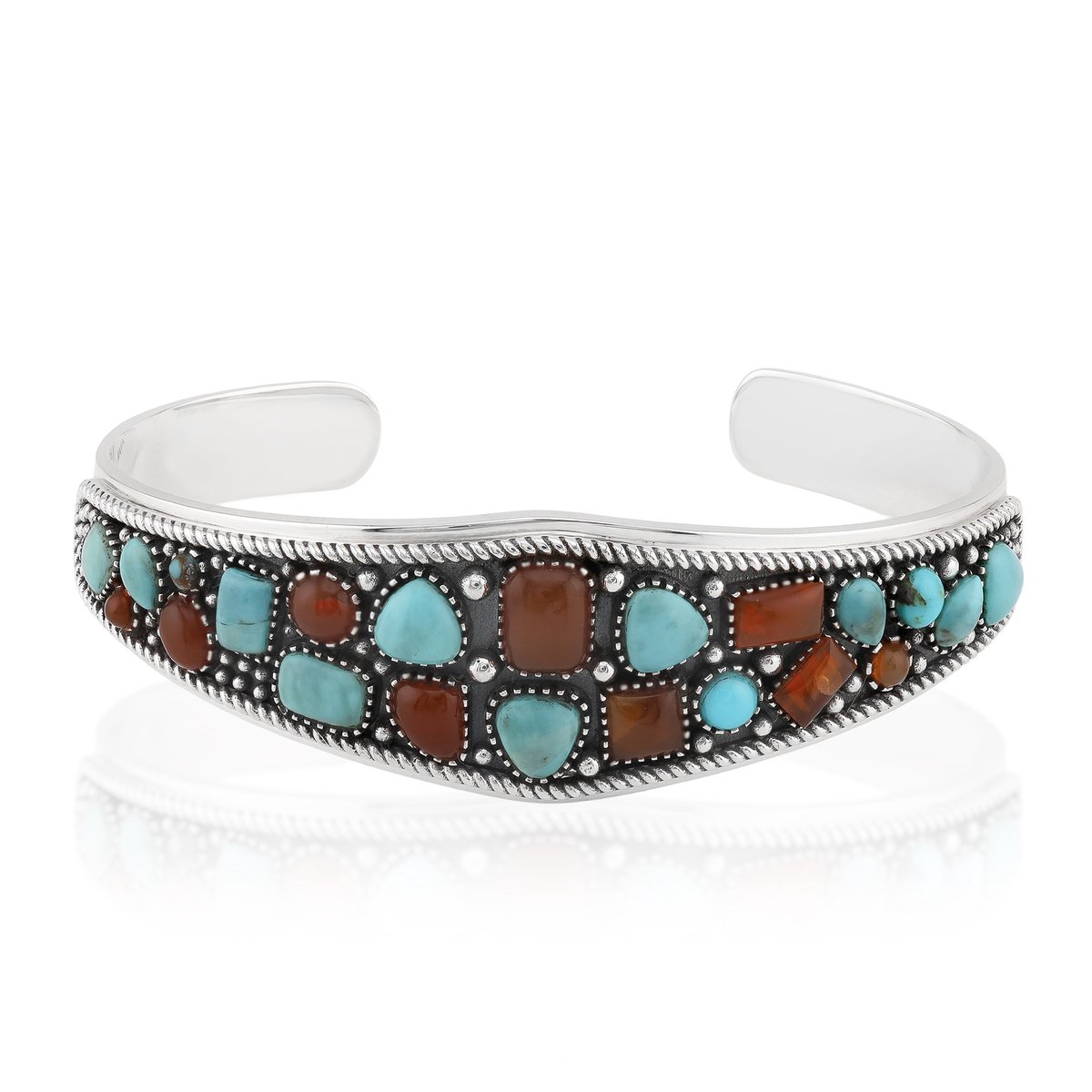 Cavill - Zilveren Armband met Blauwe Kingman Mohave Turkooisen en Carneool - 925 Sterling Zilver Geoxideerd - Mozaïek Uniek Verstelbaar - Handgemaakt