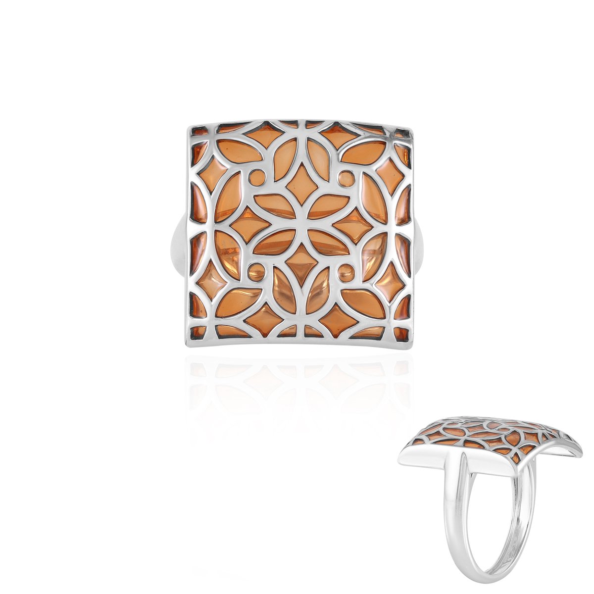 Cavill - Zilveren ring 925 Sterlingzilver Verguld - Filigraan ring dames met bloemmotief en oranje accent - Flexibele open ringband elegant