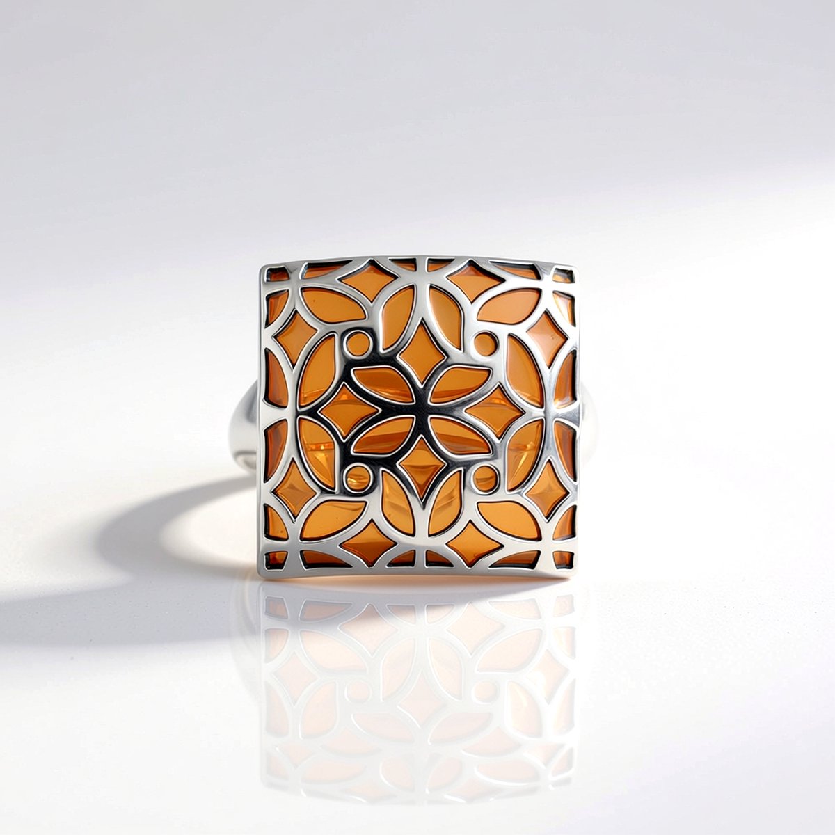 Cavill - Zilveren ring 925 Sterlingzilver Verguld - Filigraan ring dames met bloemmotief en oranje accent - Flexibele open ringband elegant