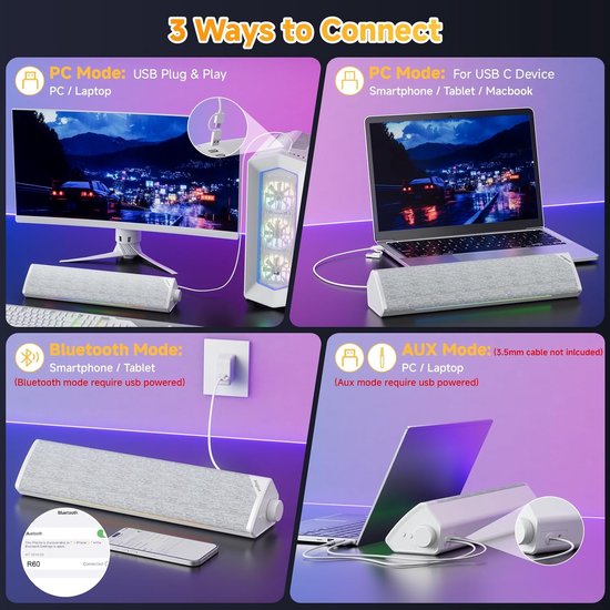 LED Soundbar - PC Speaker - Muziek Luisteren - 3 Audio Ingangen - USB-C Powered - Wit — afbeelding 3