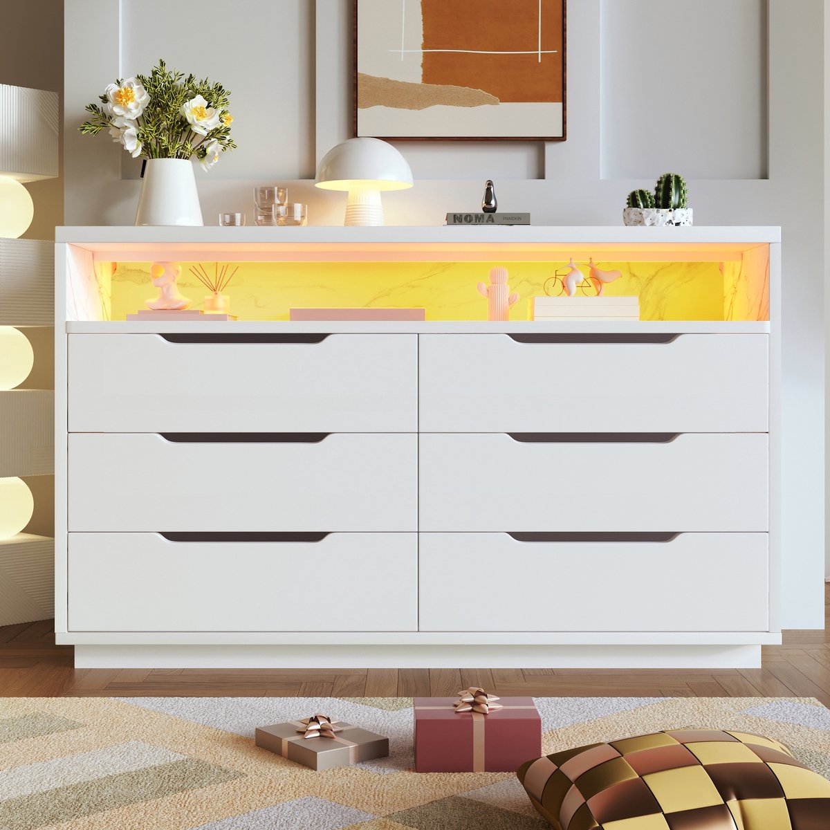 Sweiko Ladekast - Dressoir - LED verlichting - 6 lades - Marmerlook - Wit