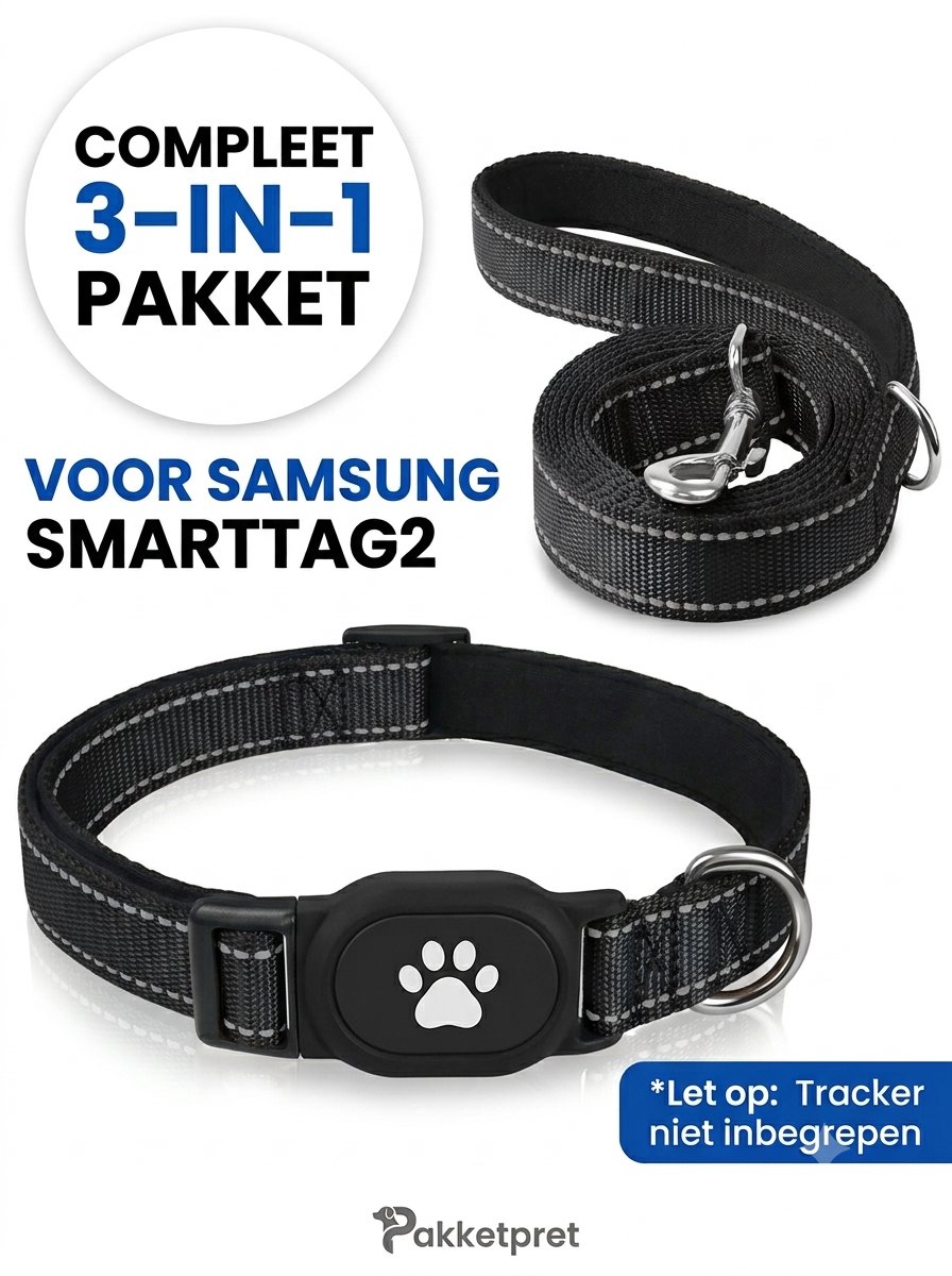 Samsung SmartTag2 Honden Halsband Set Zwart - Inclusief Bijpassende Hondenriem (180 cm), GPS Tracker Houder & Dubbele Veiligheidssluiting - Reflecterend & Verstelbaar - Pakketpret