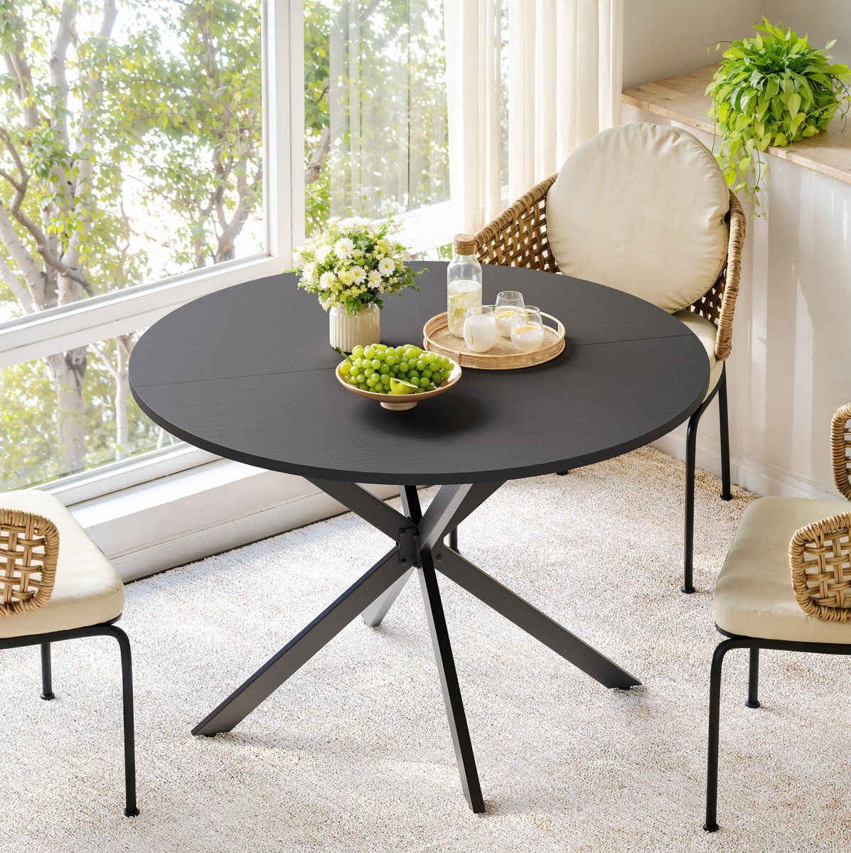 MODFU - Eettafel - Rond 120 Cm - X-Poot - Industrieel - Spaanplaat En Metaal - Zwart