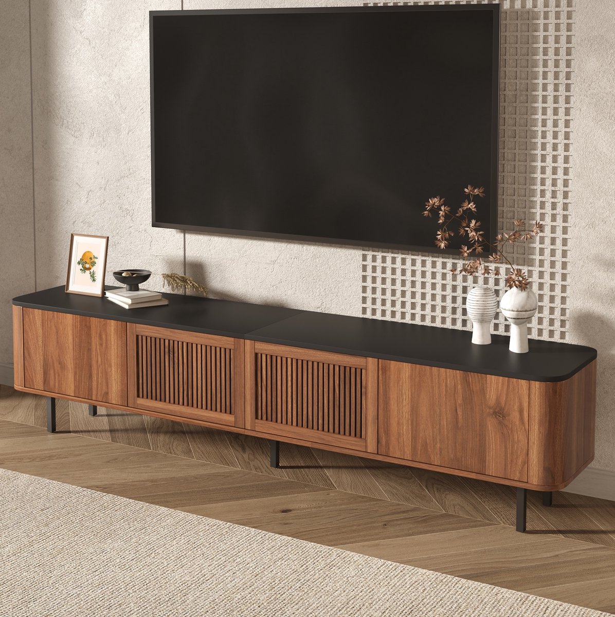 REDOM - TV meubel - Gitterdeuren - Meerdere opbergvakken - MDF en spaanplaat - Moderne stijl - Woonkamer - Walnoot - 190 x 35 x 45 cm