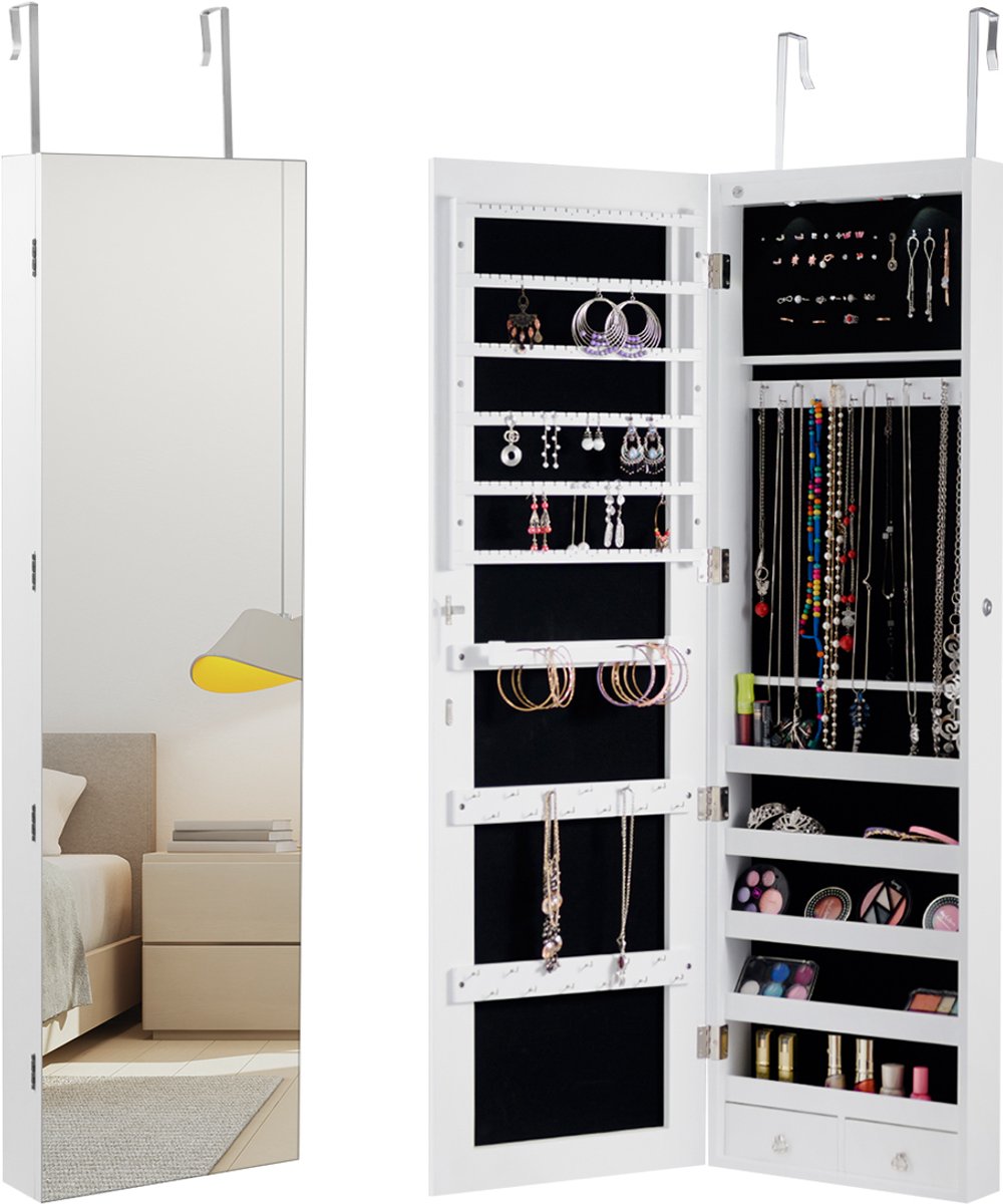 SureDeal® - Sieradenkast - Wanddeur Volledig Scherm - Sieradenorganisator Wit - 35,5x10x138 cm - Wit