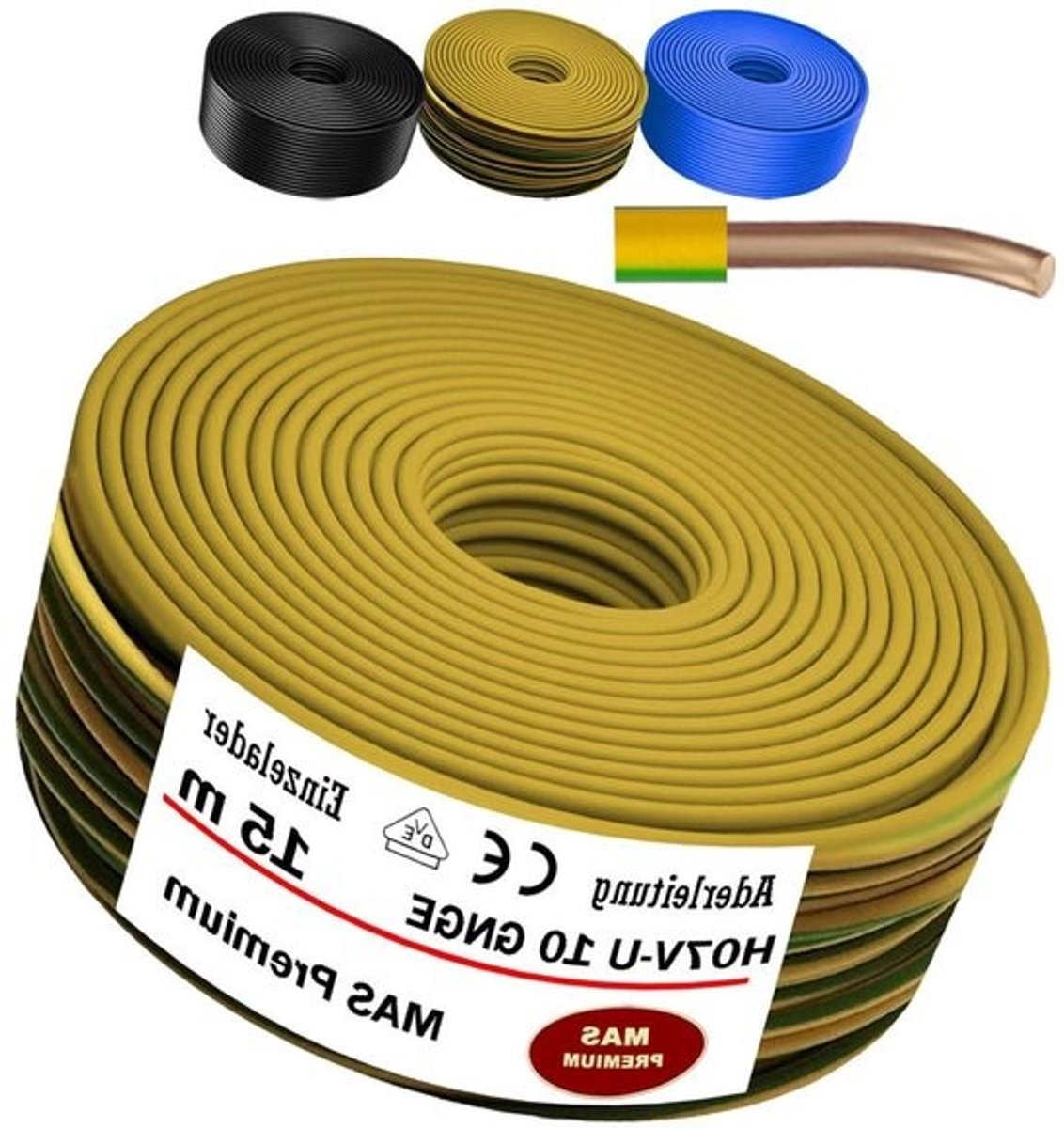 Aderkabel H07 V-U - Enkelvoudige draad Stijve kabel - Elektra aanleggen - Koperen geleider - 15 meter - Groen/geel