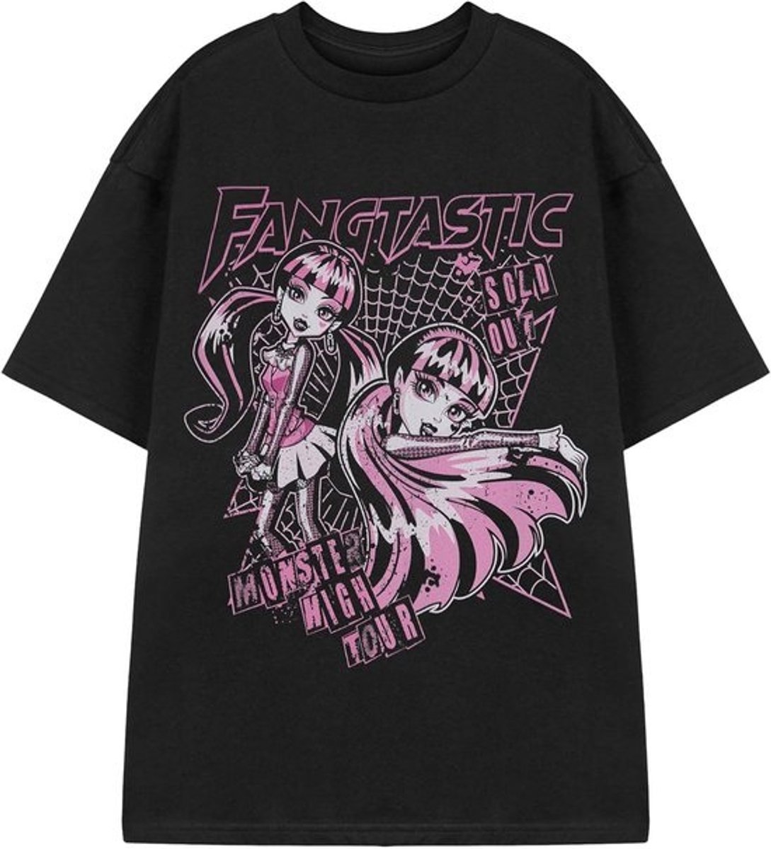 Monster High Draculaura T-shirt met Spinnenweb Motief, Zwart met Roze en Witte Prints, Korte Mouwen, Ronde Hals