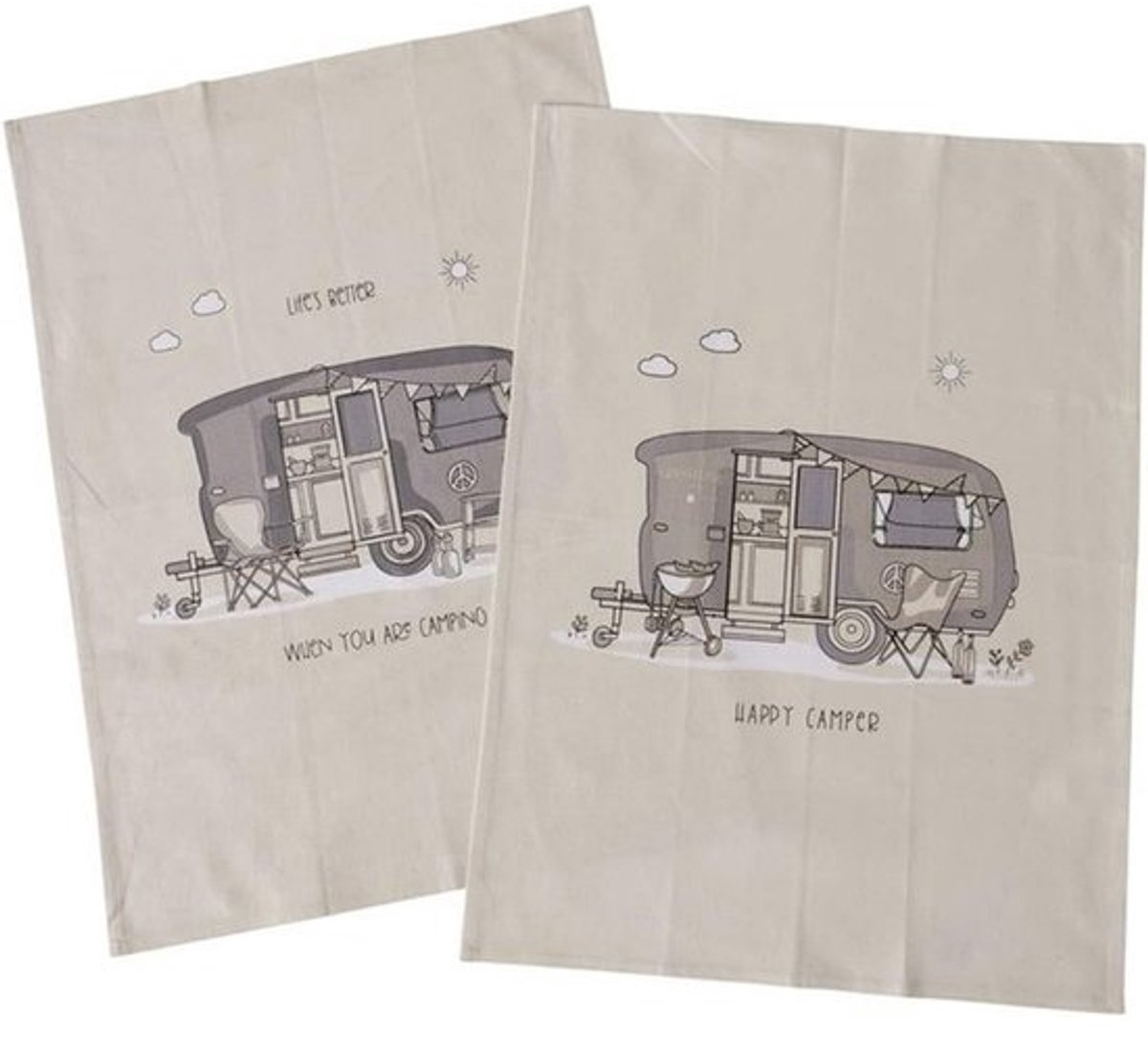 Set van 2 Keukendoeken Beige met Caravan Thema en Tekst