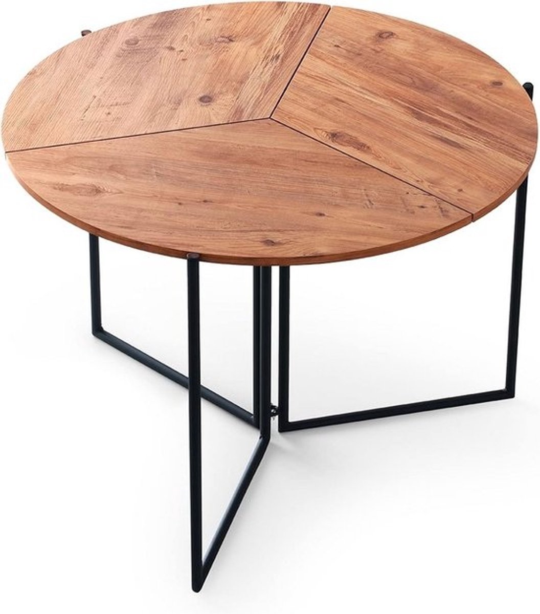 Ronde Eettafel Hout & Zwart Ø100 cm - Inklapbaar Met Metalen Poten