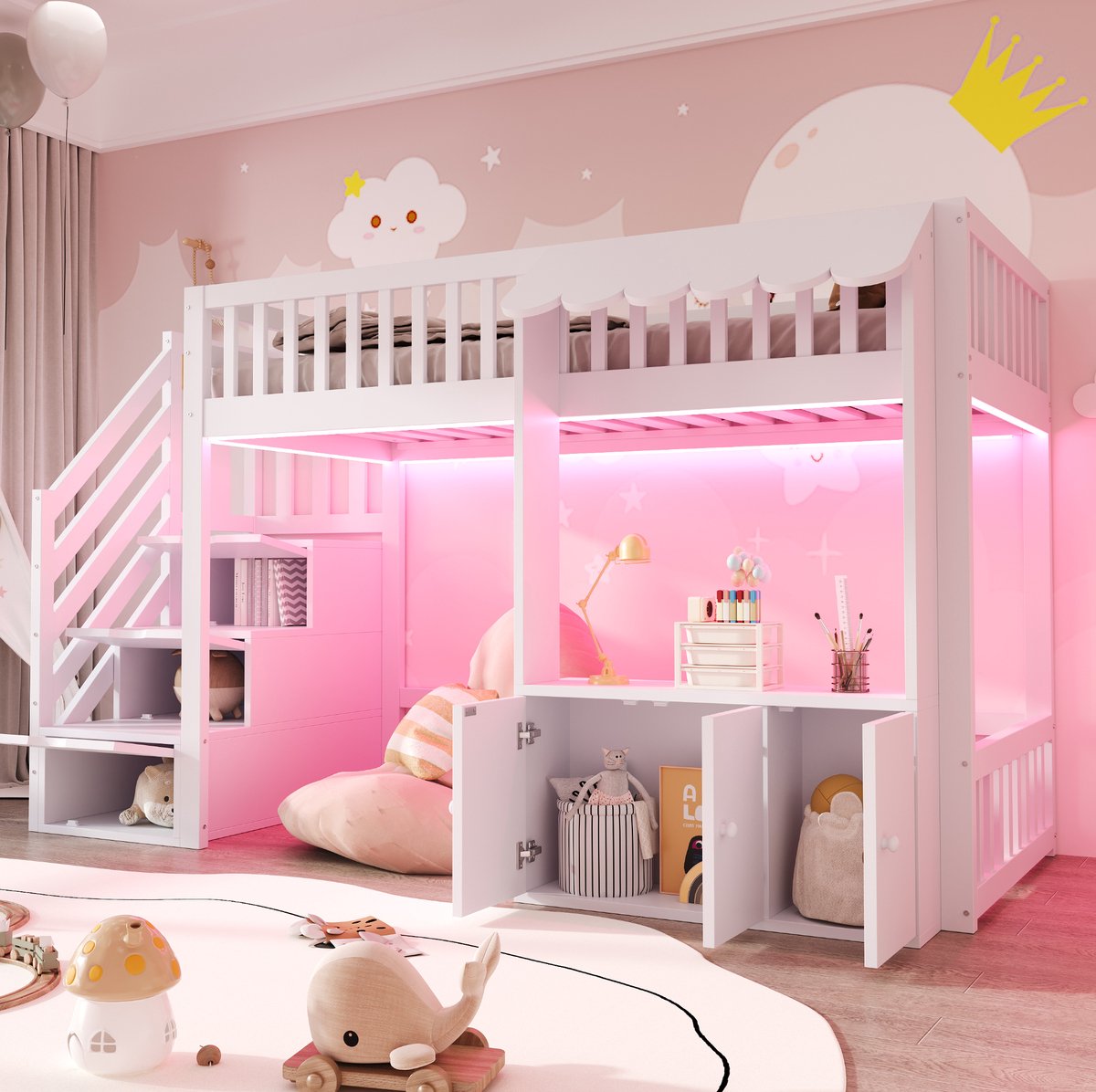 REDOM - Hoogslaper - Met trap en opbergruimte - Met LED-verlichting - Voor kinderkamer - Hout en MDF - Wit - 253 x 108,9 x 139 cm