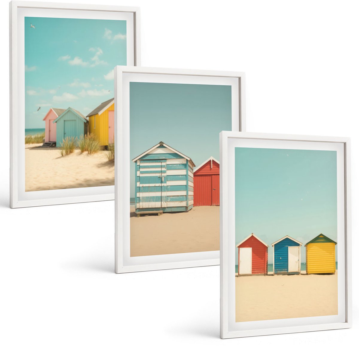 Wallfluent 3-Delige Schilderij Set - Kleurrijke Strandhuisjes Op Een Zonnige Dag - 40 x 60 - Schilderijen Set - Wanddecoratie - Woonkamer - Woonkamer Decoratie