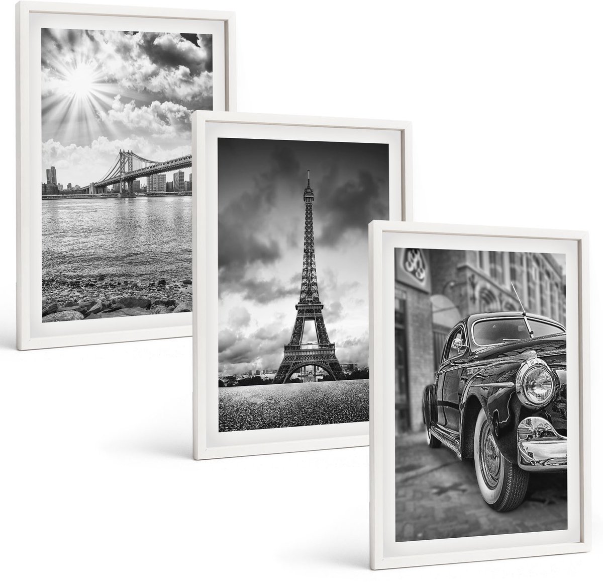 Wallfluent 3-Delige Schilderij Set - Stadsgezichten Bruggen Eiffeltoren Klassieke Auto - 40 x 60 - Wanddecoratie - Schilderijen Set - Interieur - Decoratieve Schilderijen
