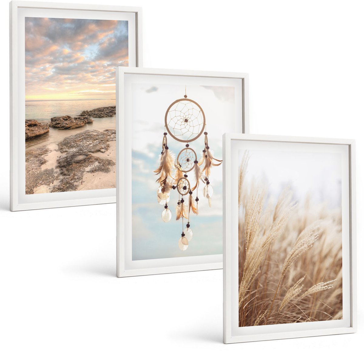 Wallfluent 3-Delige Schilderij Set - Zeezicht Met Wolken, Dromenvanger En Gras - 40 x 60 - Decoratieve Schilderijen - Woonkamer - Interieur - Interieur Decoratie