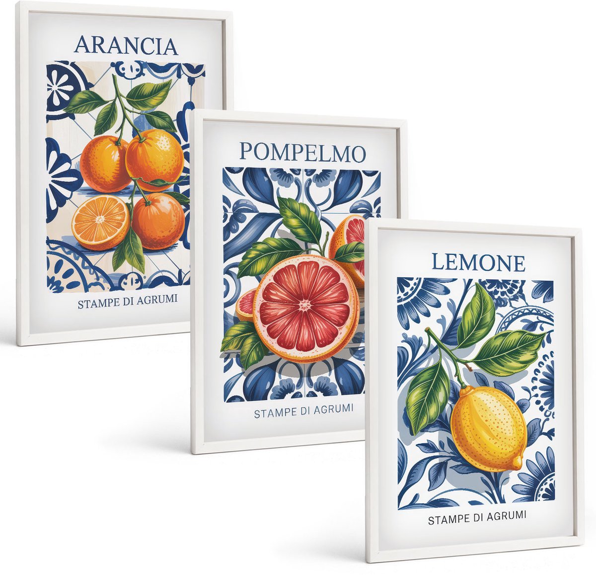 Wallfluent 3-Delige Schilderij Set - Trendy Posters Met Citrusvruchten In Italiaanse Stijl - 40 x 60 - Moderne Wanddecoratie - Woonkamer - Woonkamer Decoratie