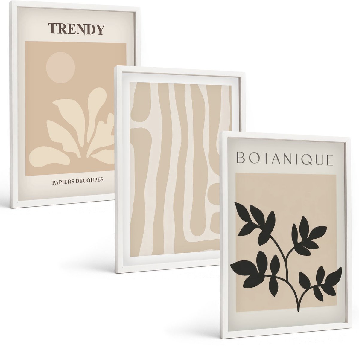 Wallfluent 3-Delige Schilderij Set - Stijlvolle Plantenpatronen In Beige En Zwarte Tinten. - 40 x 60 - Wanddecoratie - Muurdecoratie - Woonkamer