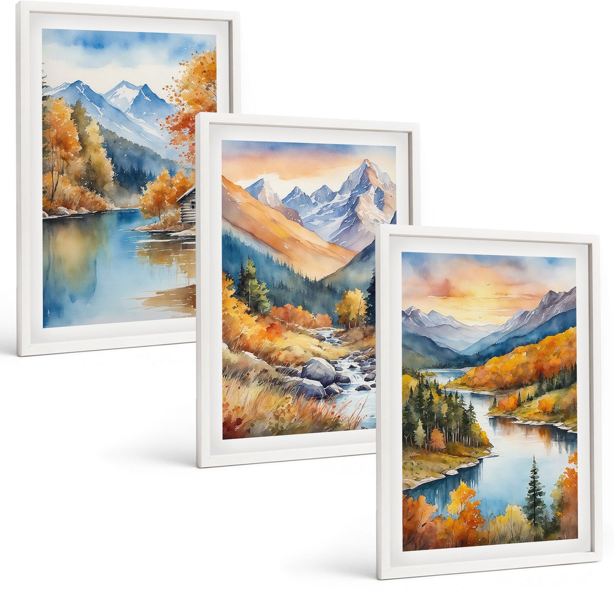 Wallfluent 3-Delige Schilderij Set - Berglandschap Met Een Rivier En Herfstbomen - 40 x 60 - Wanddecoratie - Moderne Interieurdecoratie - Woonkamer Decoratie