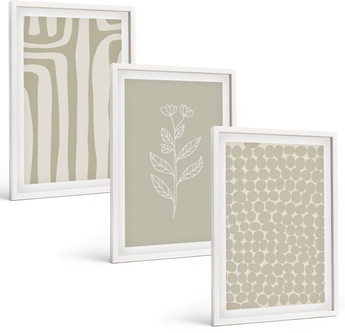 Wallfluent 3-Delige Schilderij Set - Plantaardige En Geometrische Patronen In Ingetogen Kleuren. - 40 x 60 - Wanddecoratie - Muurdecoratie - Woonkamer - Moderne Wanddecoratie