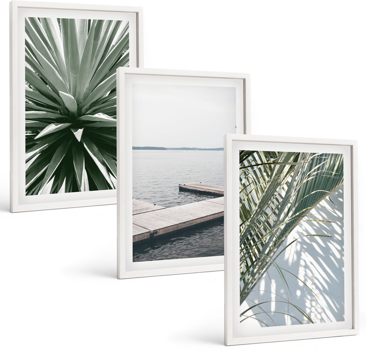 Wallfluent 3-Delige Schilderij Set - Palmbladerenplant En Houten Brug - 40 x 60 - Wanddecoratie - Schilderijen Set - Interieur - Interieur Decoratie