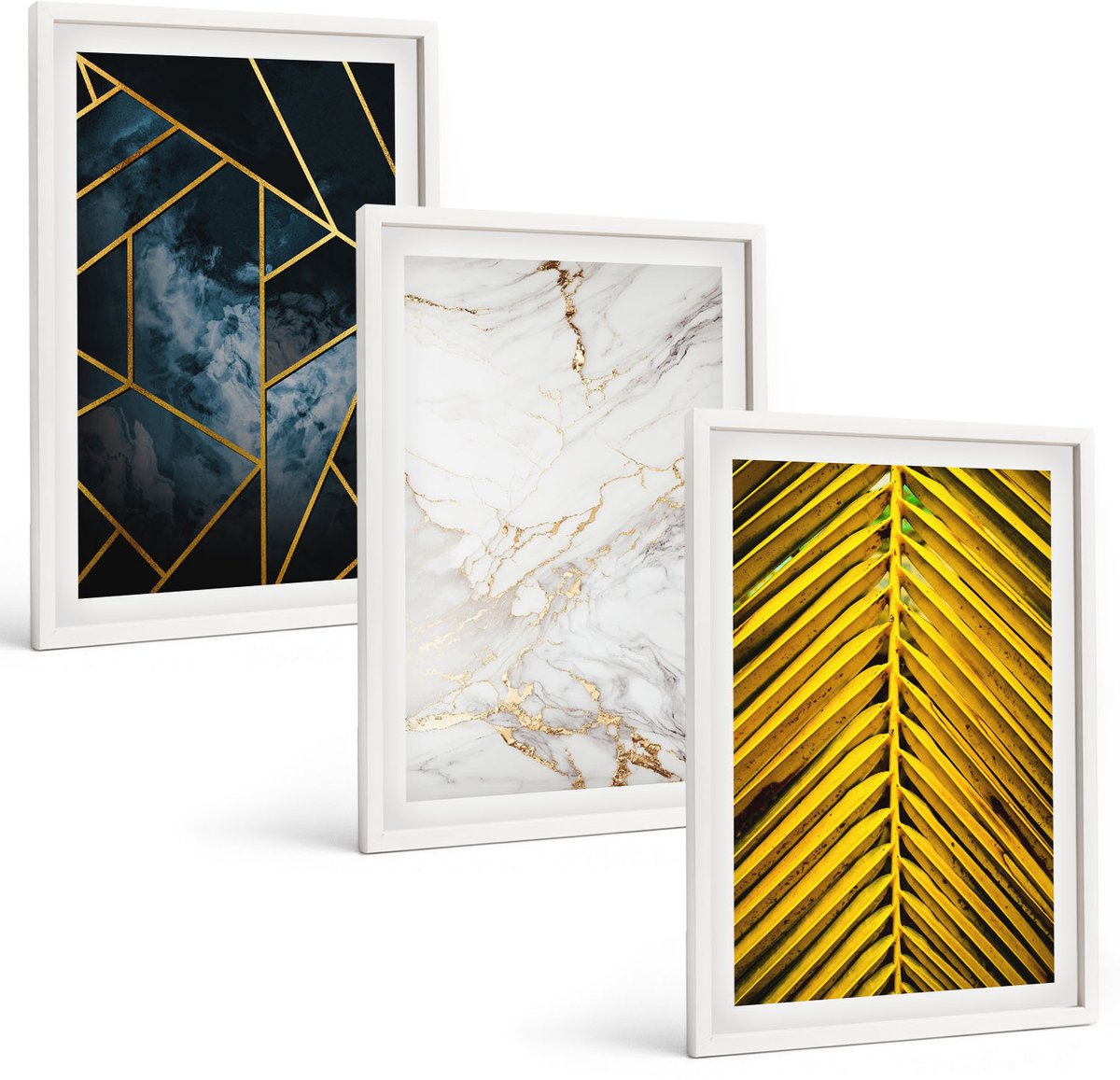Wallfluent 3-Delige Schilderij Set - Moderne Geometrische Patronen En Natuurlijke Plantmotieven - 40 x 60 - Stijlvolle Muurdecoratie - Kantoor - Moderne Wanddecoratie